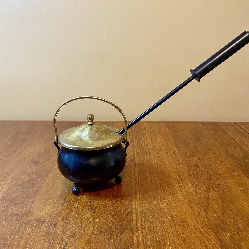 Vintage Cast Iron Fire Starter Smudge Pot With Brass Accents Lid And Pumice Wand